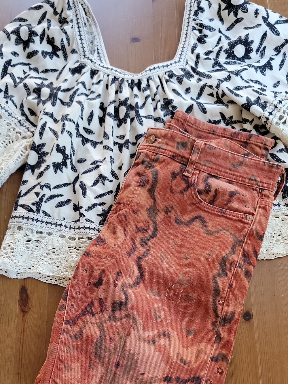 Pilcro Rust Orange Tie-Dye Leopard Print Jeans